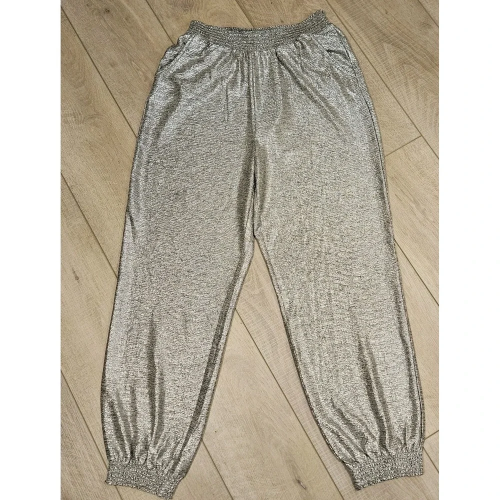 Anthropologie Metallic Silver Jogger Pants‎ Smocked Waist OB1241973 Womens M - Picture 3 of 8